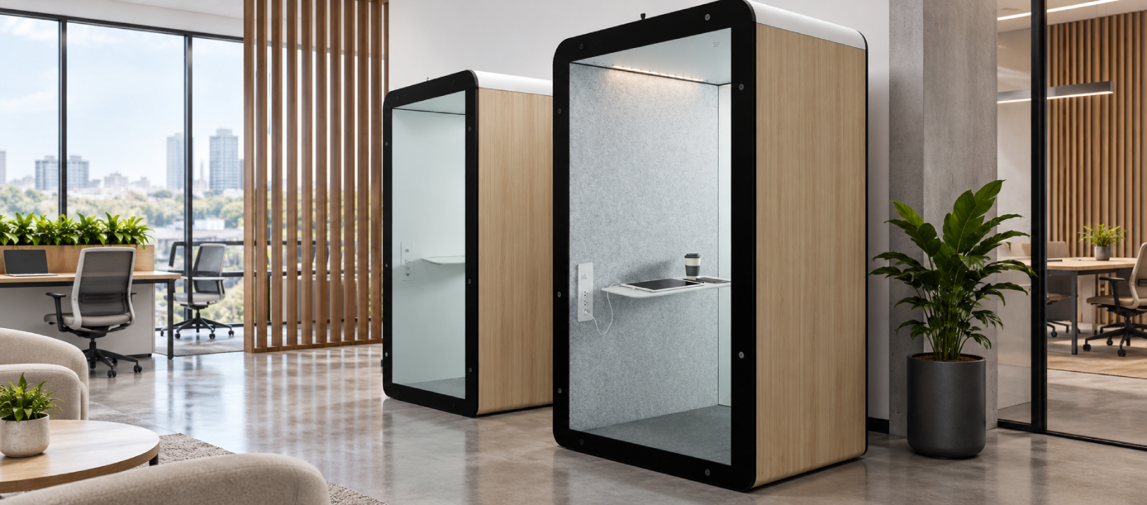 Global Priva Acoustic Privacy Pods Integrated Work Shelf