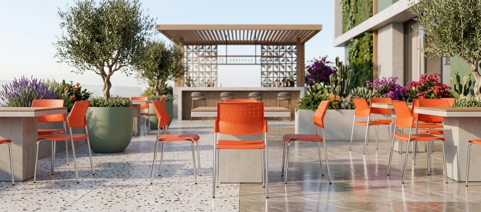 Global Sonic Armless Outdoor Chair with Orange Poly Back and Seat