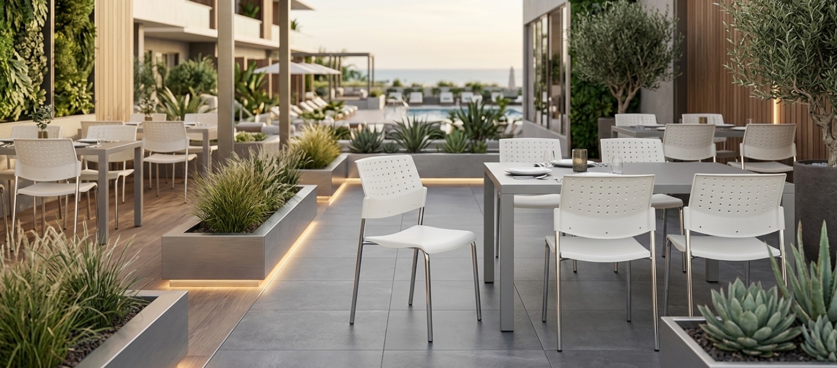Global Sonic Armless Outdoor Chair with White Poly Back and Seat