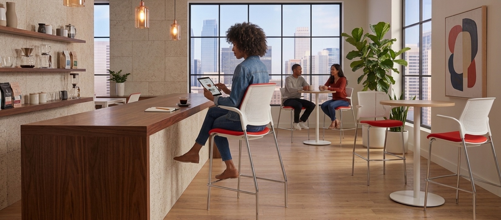 Global Stream Bar Stool with Red Upholstered Back and Seat