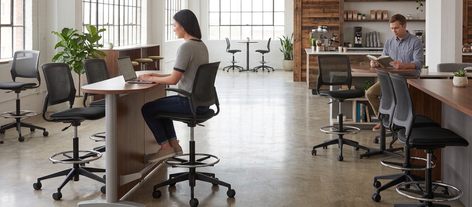 Global Stream Drafting Stool with Grey Poly Perforated Back and Upholstered Seat