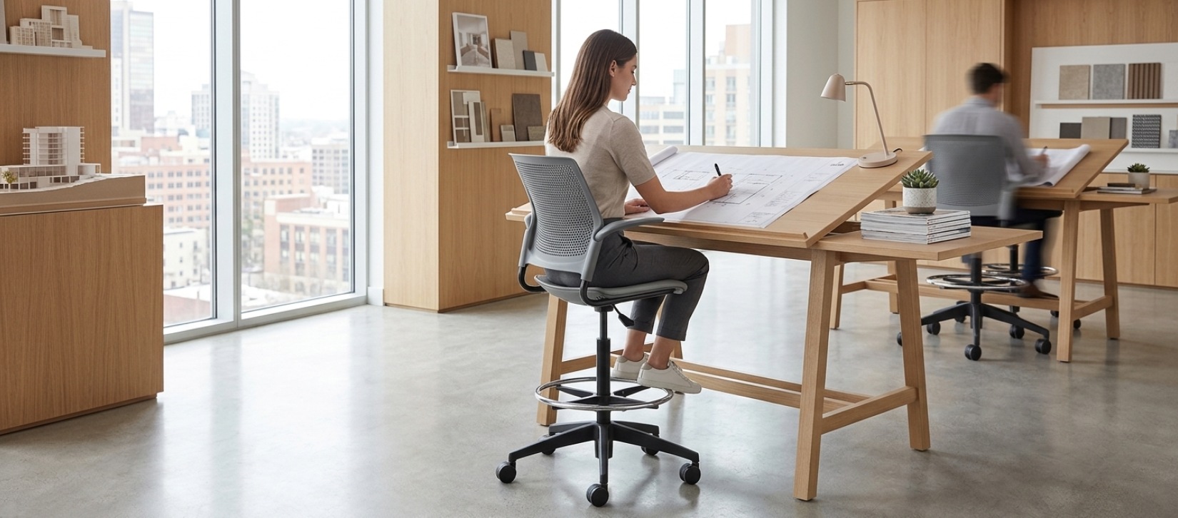 Global Stream Drafting Stool with Grey Upholstered Seat