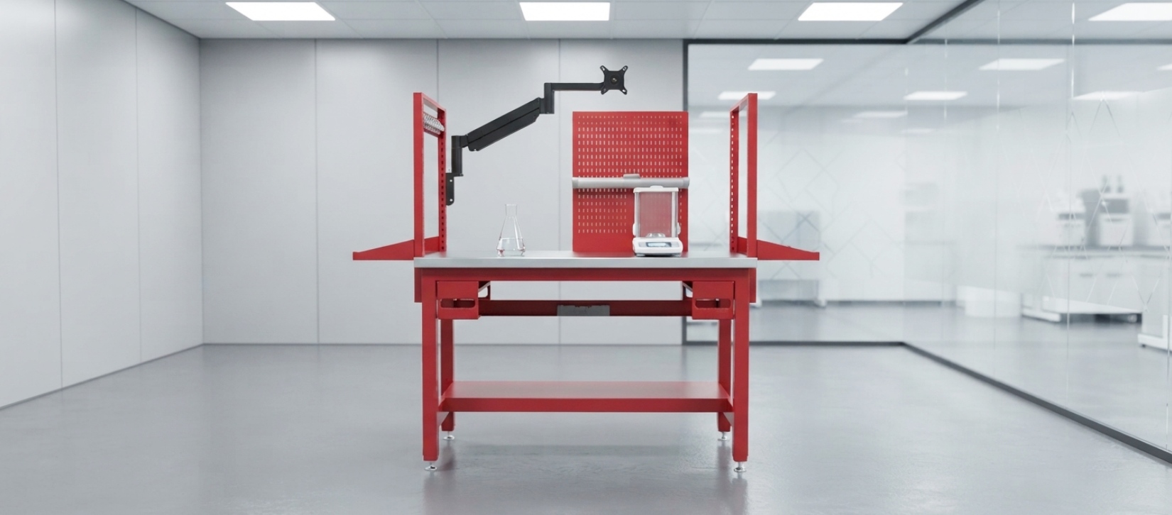 Heavy-Duty Industrial Workbench with Adjustable Monitor Arm and Storage Shelf