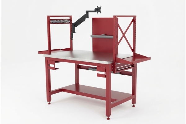 Heavy-Duty Industrial Workbench with Adjustable Monitor Arm and Storage Shelf