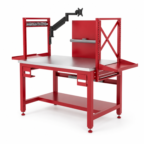 Heavy-Duty Industrial Workbench with Adjustable Monitor Arm and Storage Shelf