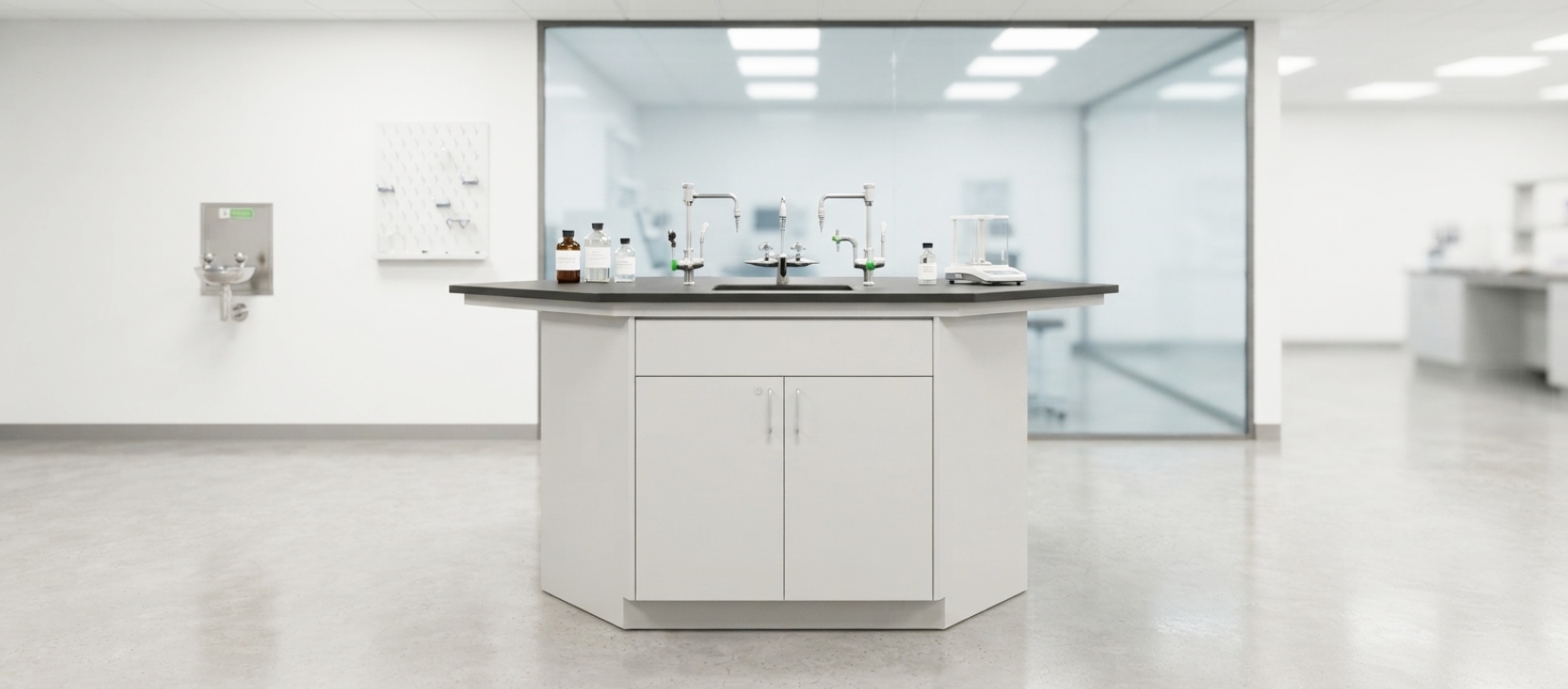 Laboratory Sink Workstation with Integrated Faucets and Storage Cabinet