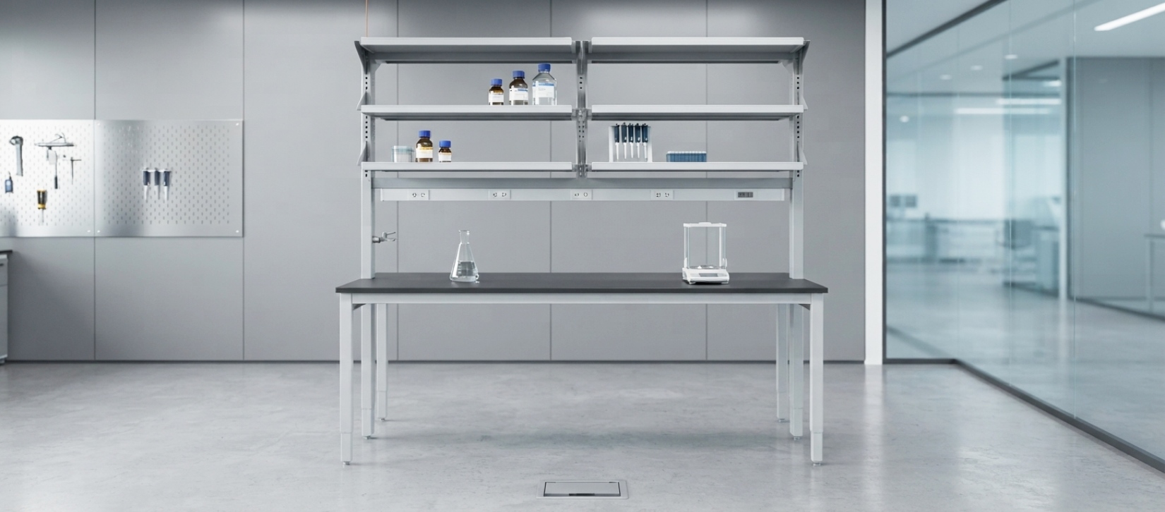 Laboratory Work Table with Overhead Shelving and Integrated Power Outlets