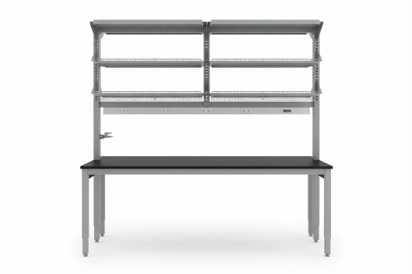 Laboratory Work Table with Overhead Shelving and Integrated Power Outlets