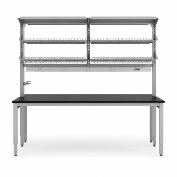 Laboratory Work Table with Overhead Shelving and Integrated Power Outlets