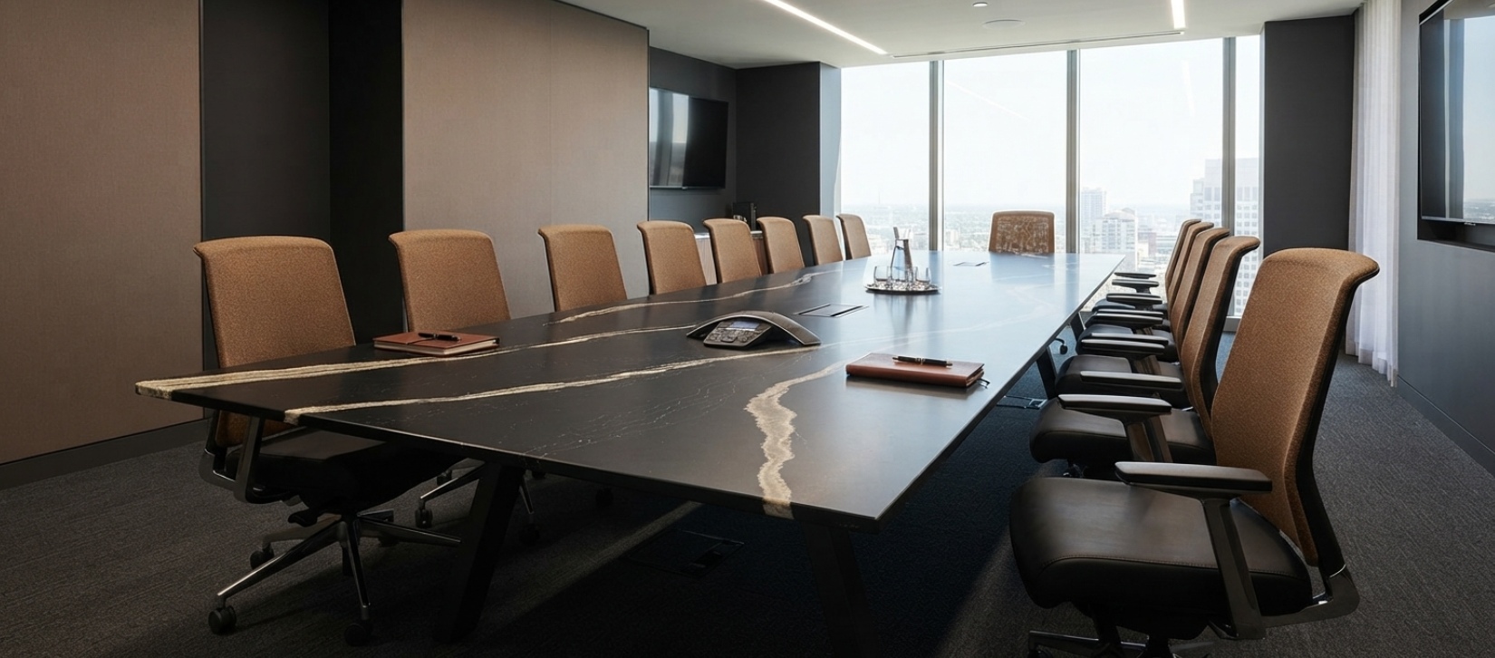 Leeza Black Quartz Conference Table with Black Angled Legs