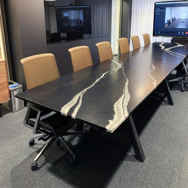 Leeza Black Quartz Conference Table with Black Angled Legs