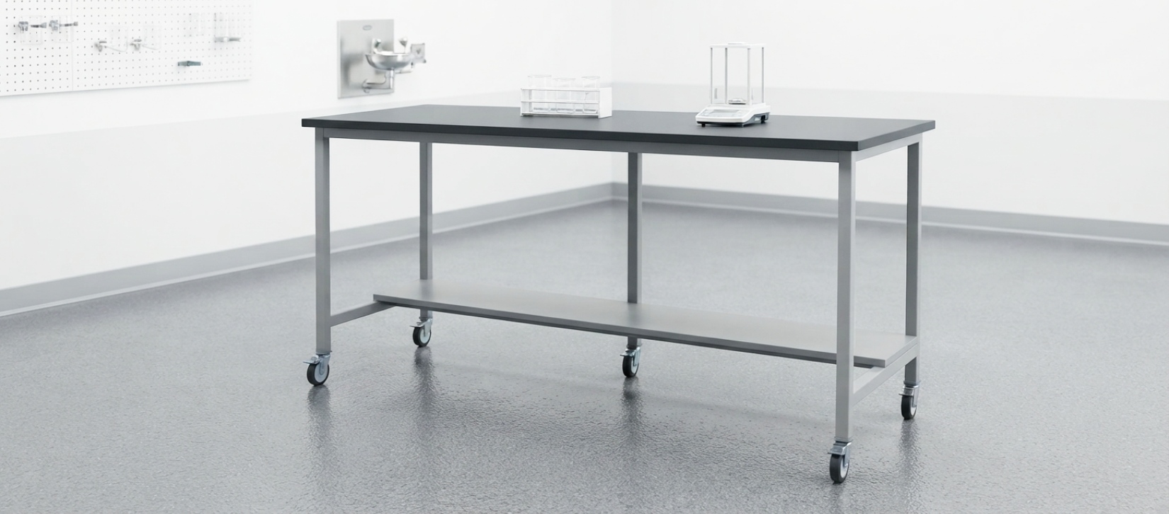 Mobile Laboratory Work Table with Locking Casters and Lower Storage Shelf