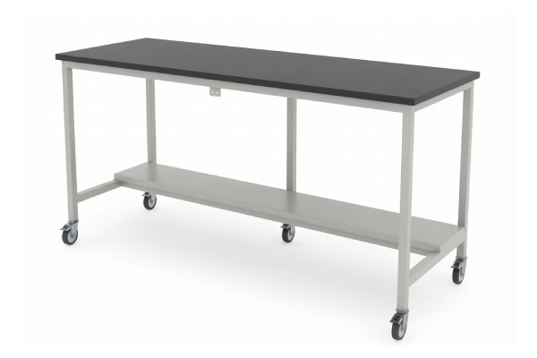Mobile Laboratory Work Table with Locking Casters and Lower Storage Shelf