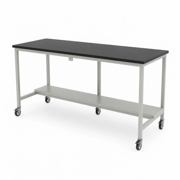 Mobile Laboratory Work Table with Locking Casters and Lower Storage Shelf