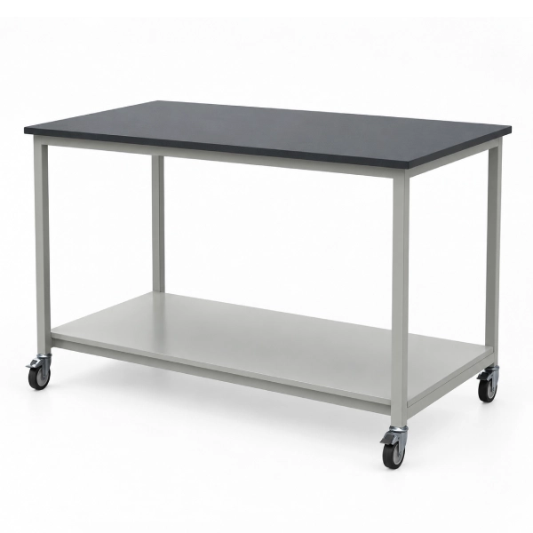 Mobile Laboratory Work Table with Lower Storage Shelf and Casters