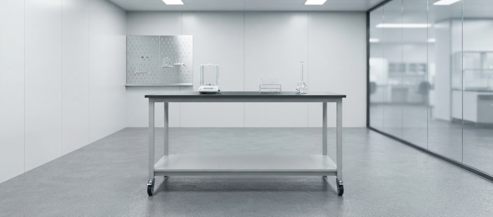 Mobile Laboratory Work Table with Lower Storage Shelf and Casters