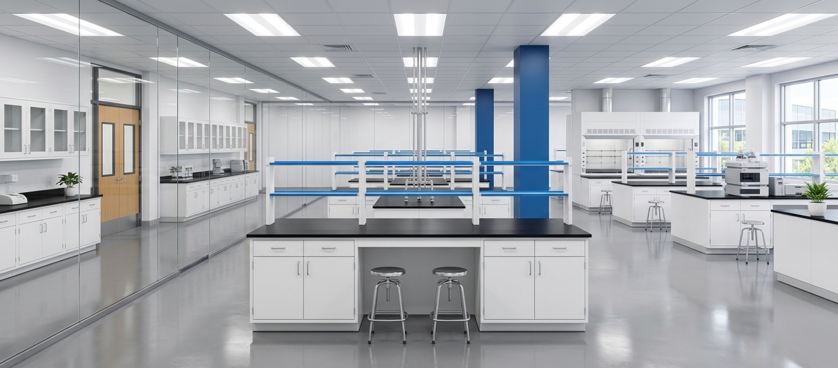 Modern Laboratory Island Bench with Storage Cabinets and Overhead Shelving