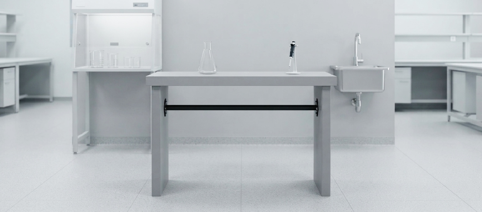 Modern Laboratory Work Table with Panel Legs and Metal Support Bar