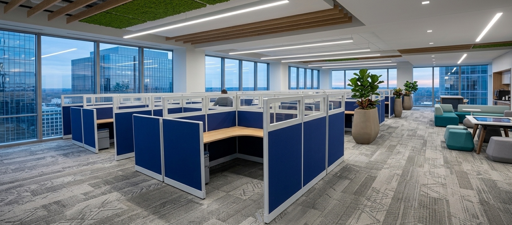 Remanufactured Blue Fabric Modular Cubicle Workstation with Privacy Panels
