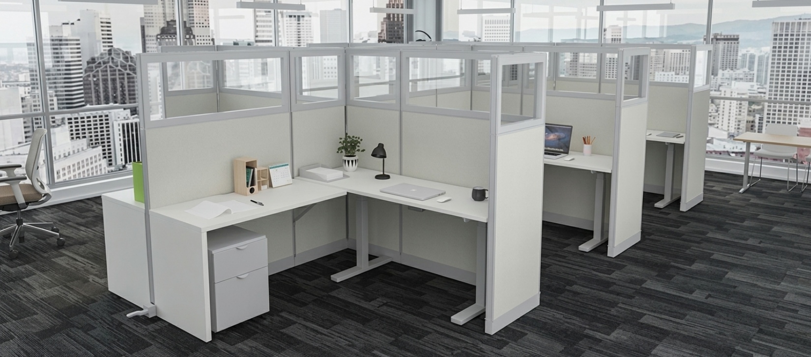 Remanufactured L-Shaped Modular Cubicle Workstation with Overhead Panels