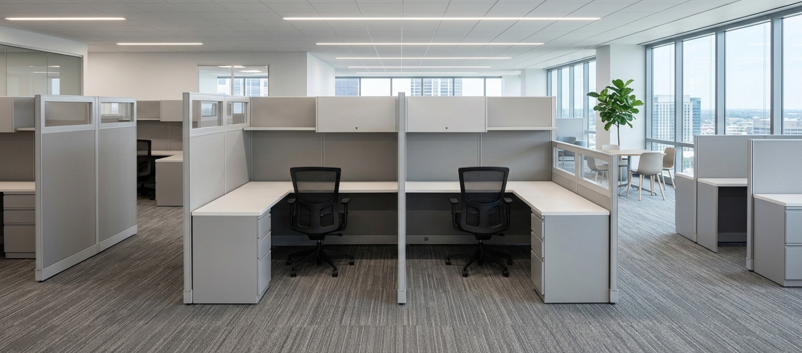 Remanufactured Modular Cubicle Workstation with Glass Top Privacy Panels
