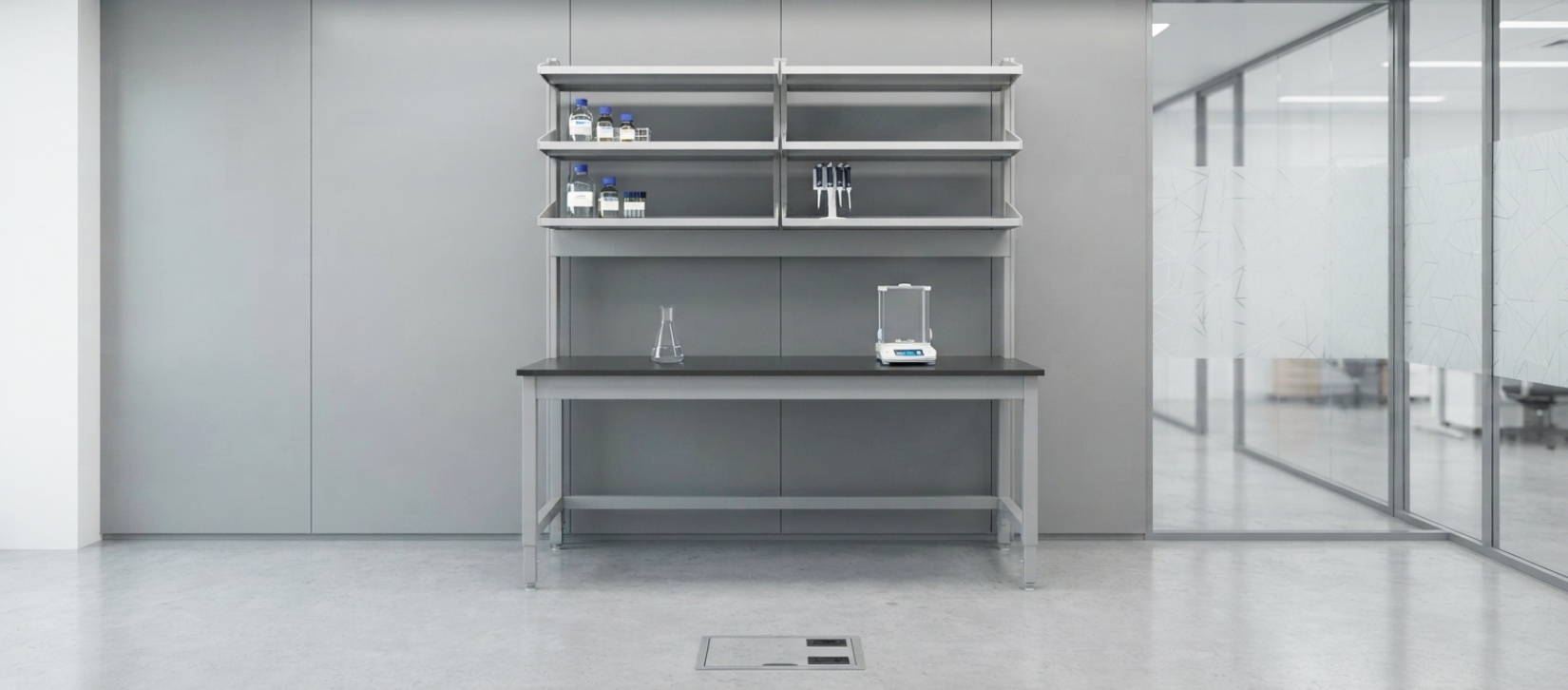 Single-Sided Laboratory Workstation with Overhead Storage Shelves