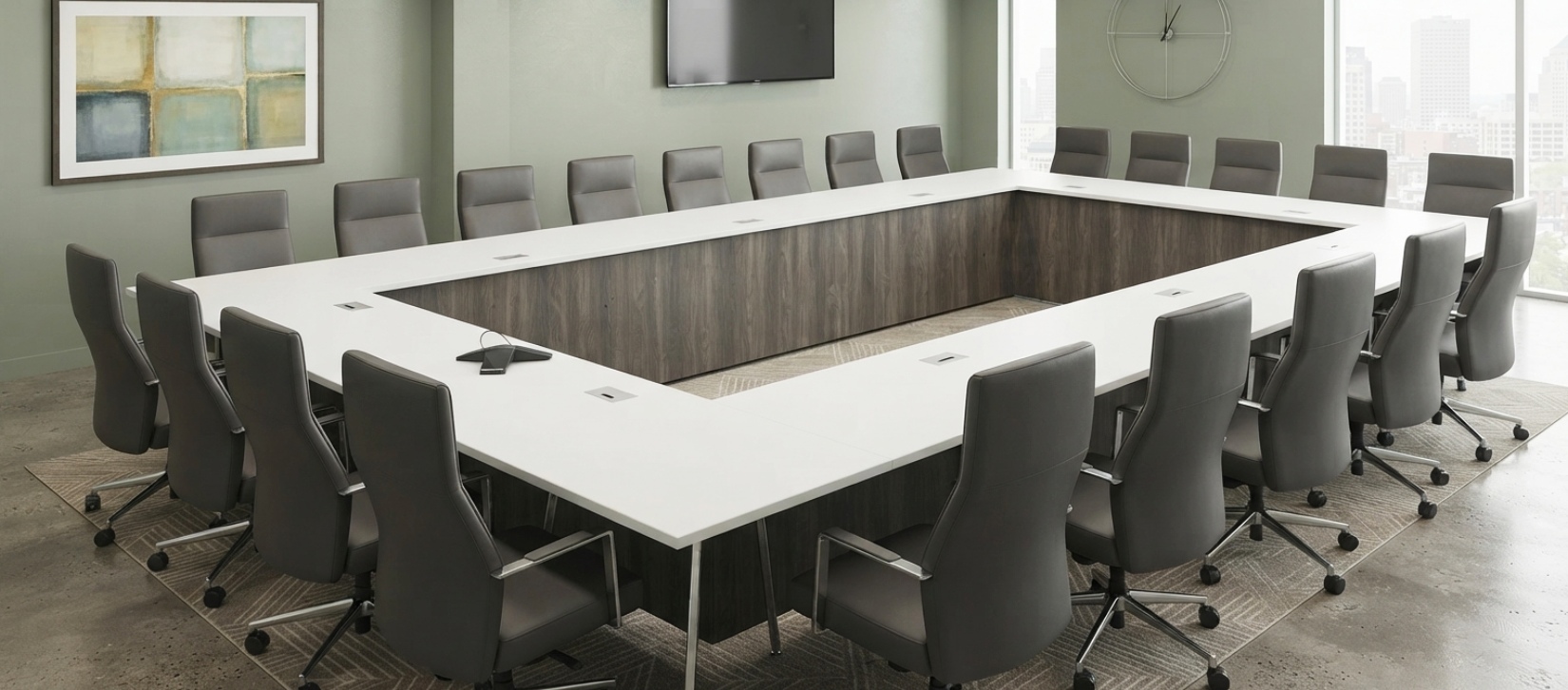 Symposia White U-Shaped Conference Table with Dark Wood Base