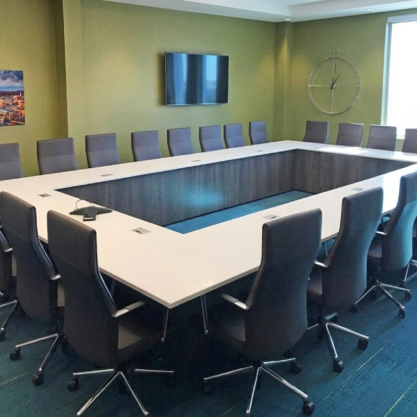 Symposia White U-Shaped Conference Table with Dark Wood Base