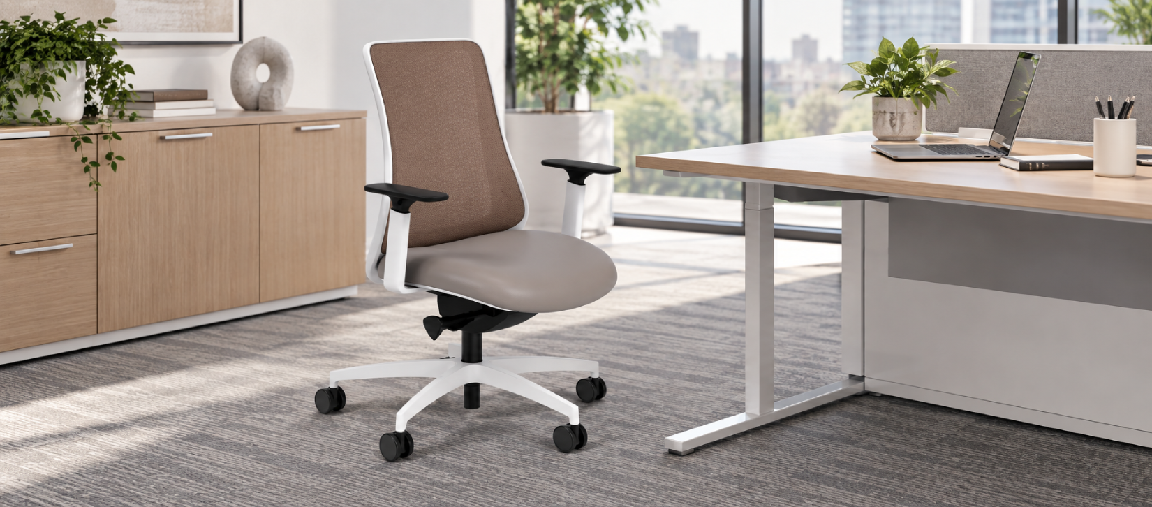 Via Genie 24/7 Ergonomic Office Chair, Mesh Back White Frame Taupe Seat