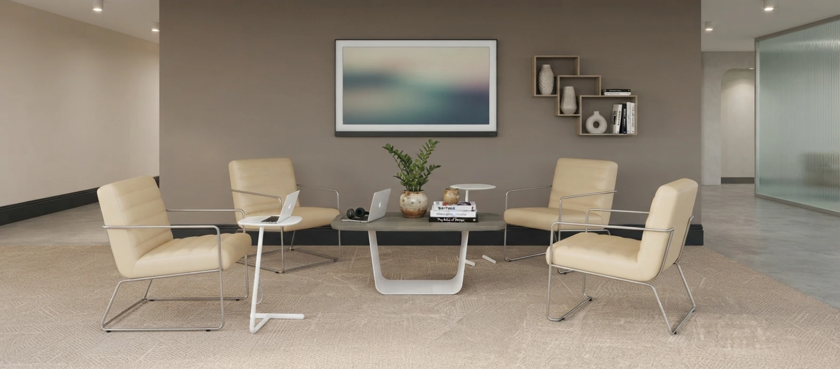 Via Muir Ivory Upholstered Office Guest Chair with Chrome Sled Base