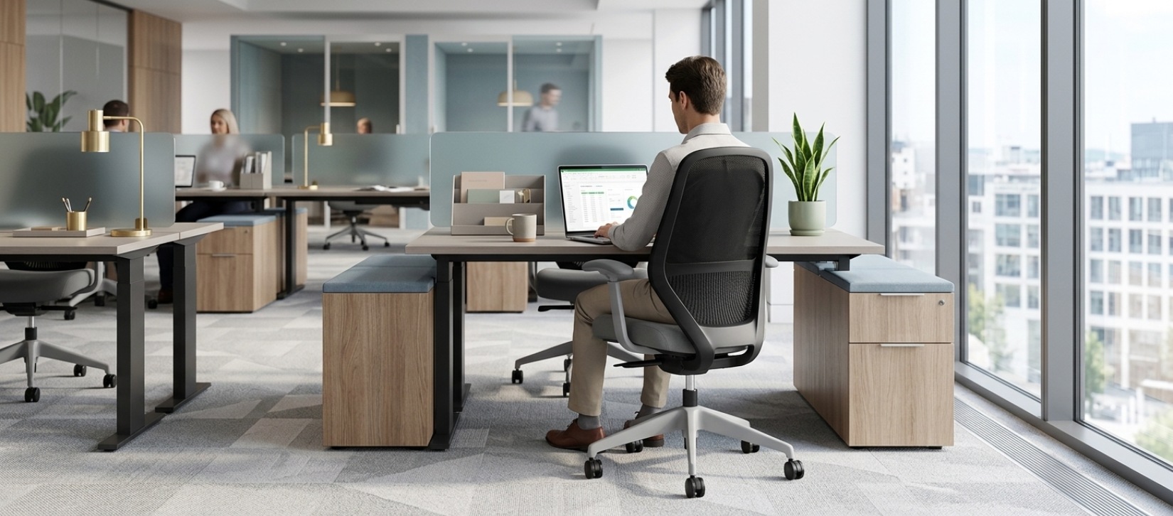 Via Rise Mesh Back with Grey Upholstered Chair