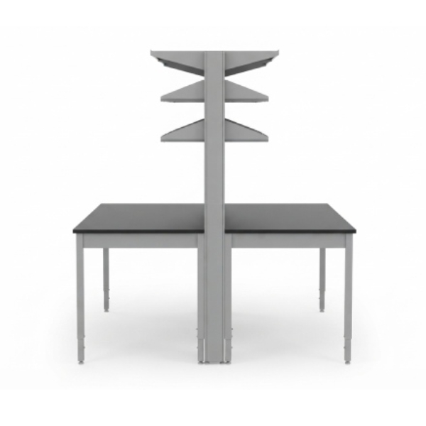 Double-Sided Laboratory Workstation with Overhead Storage Shelves