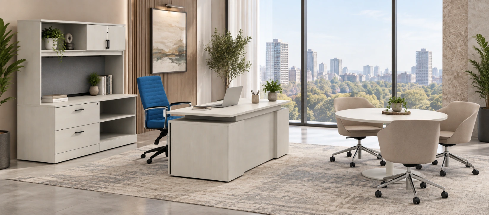 Zira Laminate Executive Office Desk with Storage Hutch and Round Meeting Table