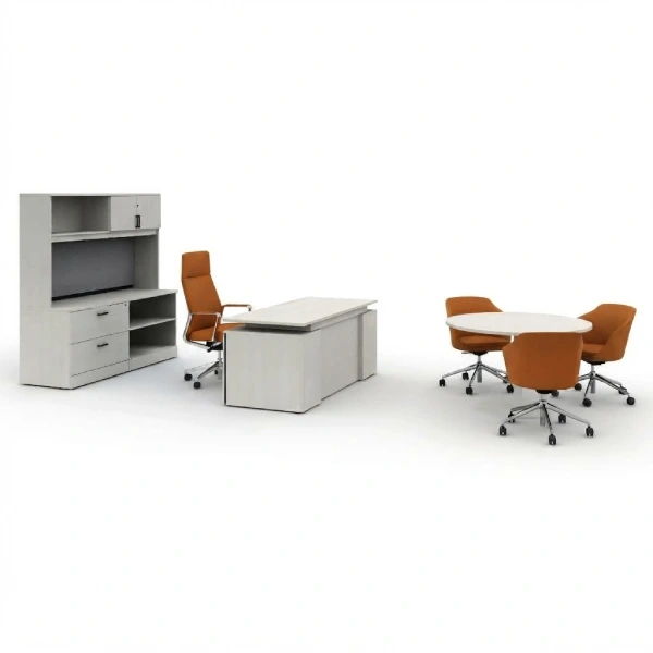 Zira Laminate Executive Office Desk with Storage Hutch and Round Meeting Table