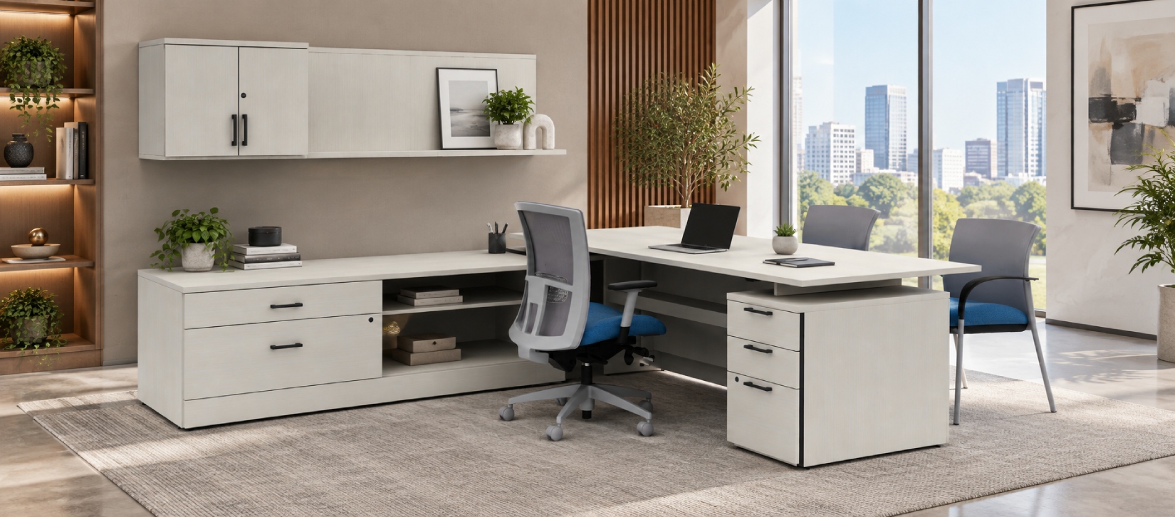 Zira Laminate L-Shaped Office Desk with Wall-Mounted Hutch and File Pedestal