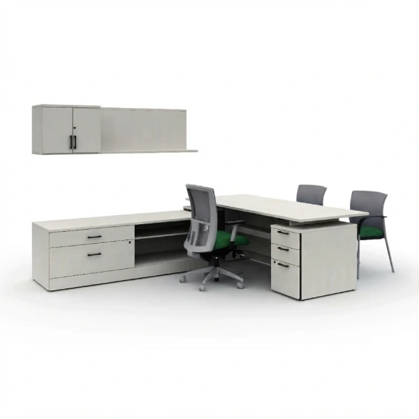 Zira Laminate L-Shaped Office Desk with Wall-Mounted Hutch and File Pedestal