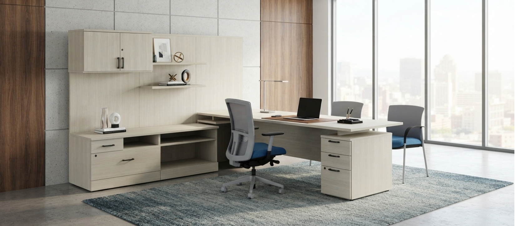 Zira Laminate Office Desk with Overhead Cabinet and File Pedestal