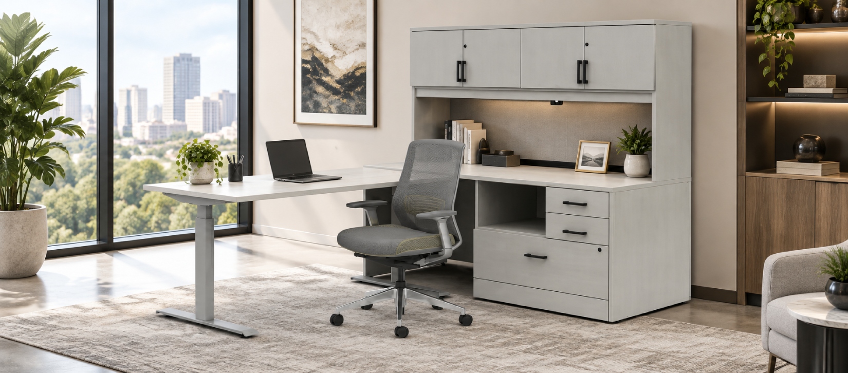 Zira Laminate U-Shaped Office Desk with Storage Hutch