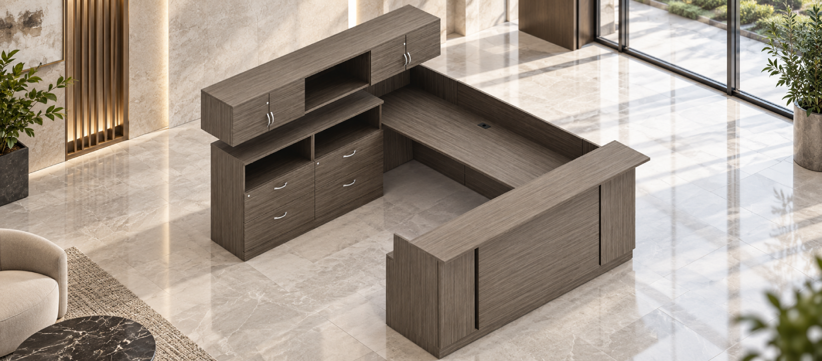 Zira Reception Desk with Lateral File and Storage Cabinets