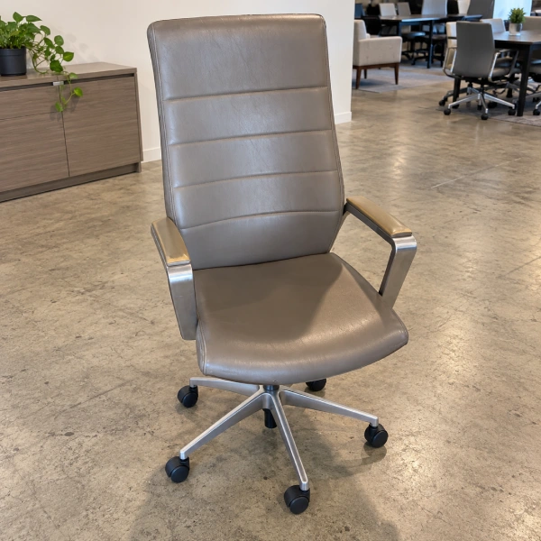 Used Gray Leather Desk Chair with Chrome Arms