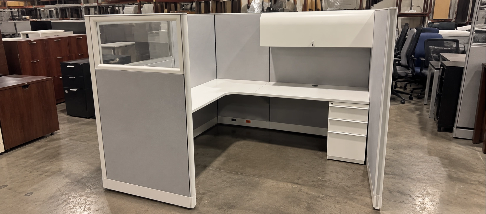 Used L-Shaped Panel Workstation with Overhead Storage-Hero