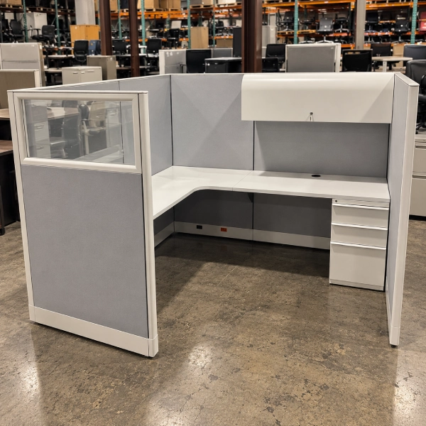 Used L-Shaped Panel Workstation with Overhead Storage-product